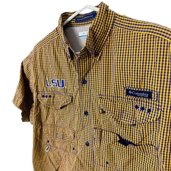 Columbia PFG Super Bonehead Fishing Shirt LSU Tigers Plaid Mens Sz S Gold Purple - Picture 3 of 8